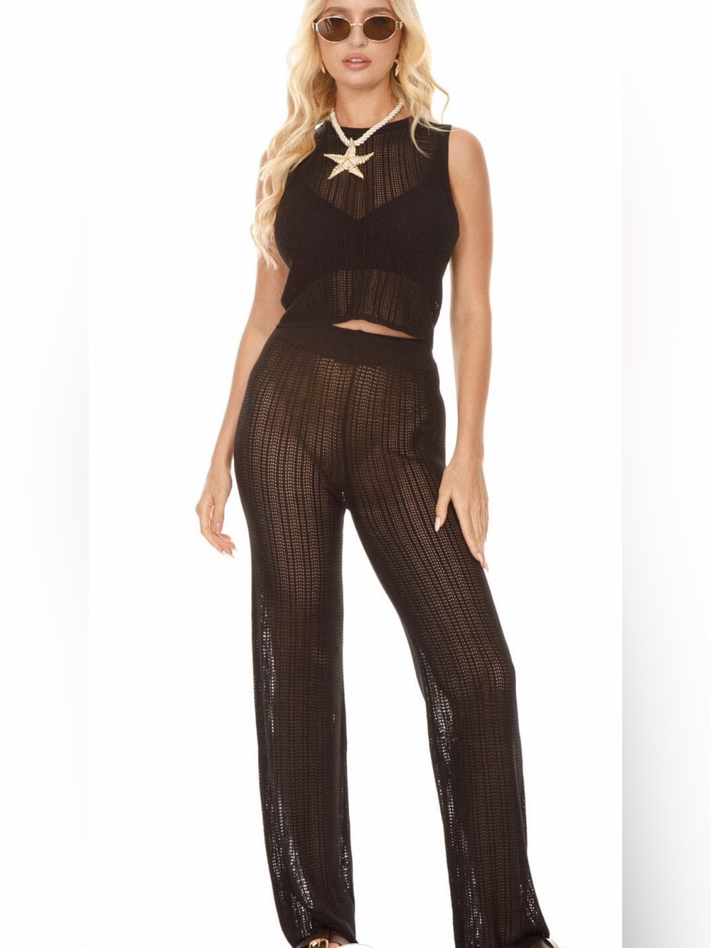 A582. Sheer Black Knit Wide-Leg Beach Pants & Top Set